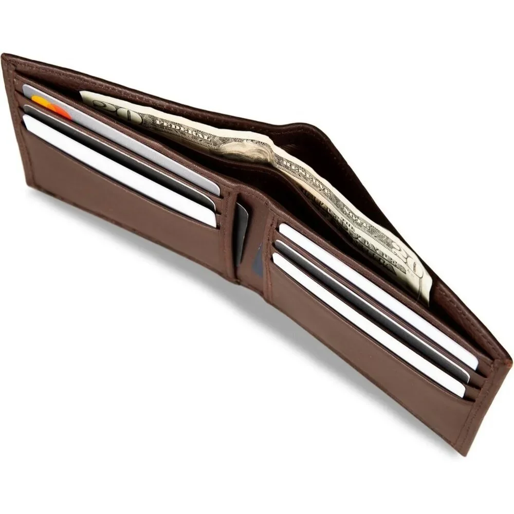 Men's Logo - Brown Bifold Leather Wallet RFID Blocking ID Window Card Slots